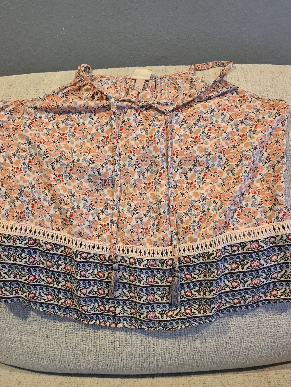 Knox Rose Peach Floral Tie-Front Strappy Tank with Border Trim